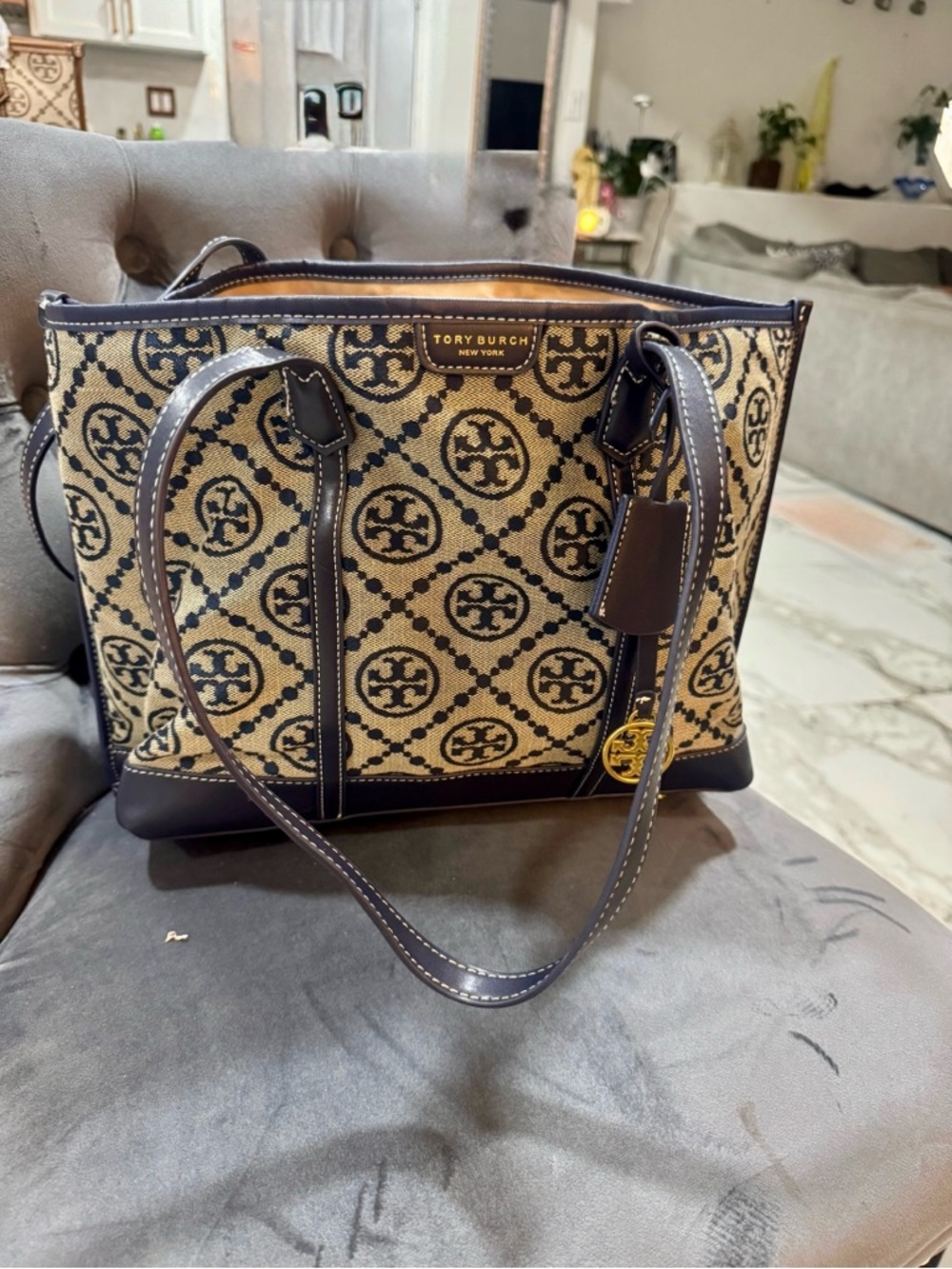 Tan and Blue Logo Jacquard Tote Bag